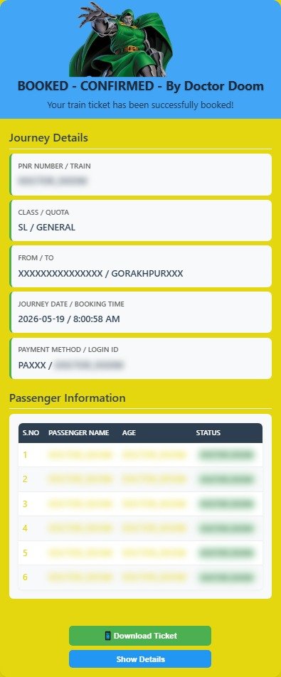 DoctorDoom Tatkal Software - confirmed booking result 1